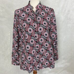Zuri Red Black White Curlicue Long Sleeve Button Front Tunic Shirt XS